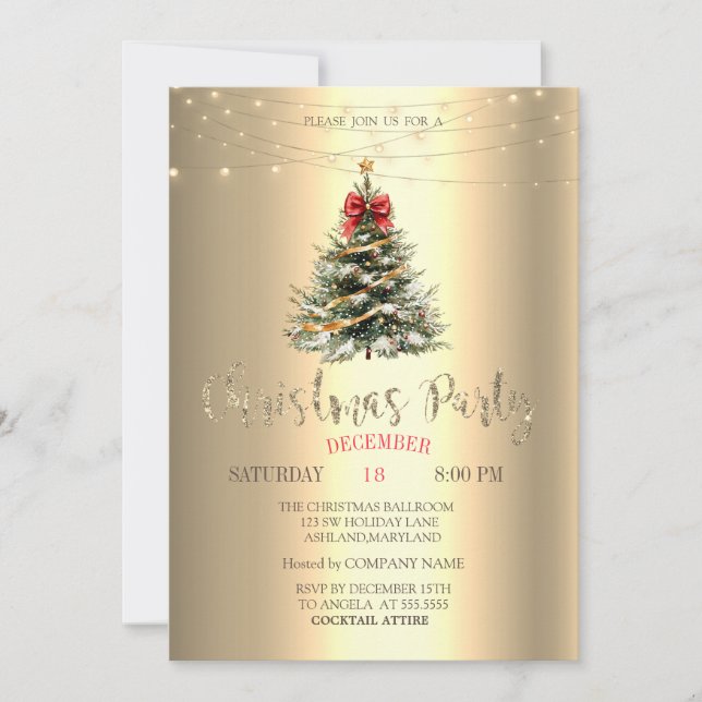 Invitación Pine Tree,Bow,String Lights Gold Navidades (Anverso)
