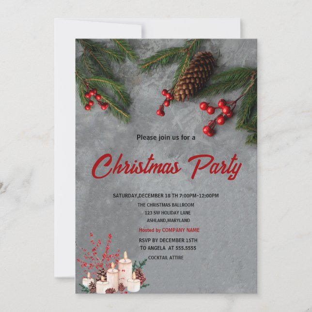 Invitación Pine Tree Branches Red Holly Berries Christmas  (Anverso)
