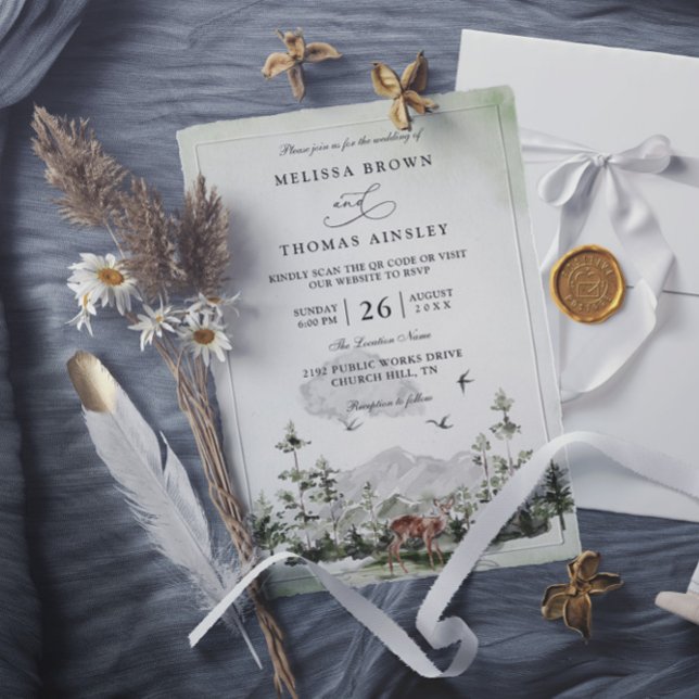 Invitación Pine Tree Deer Forest Mountain QR Code Wedding (Subido por el creador)