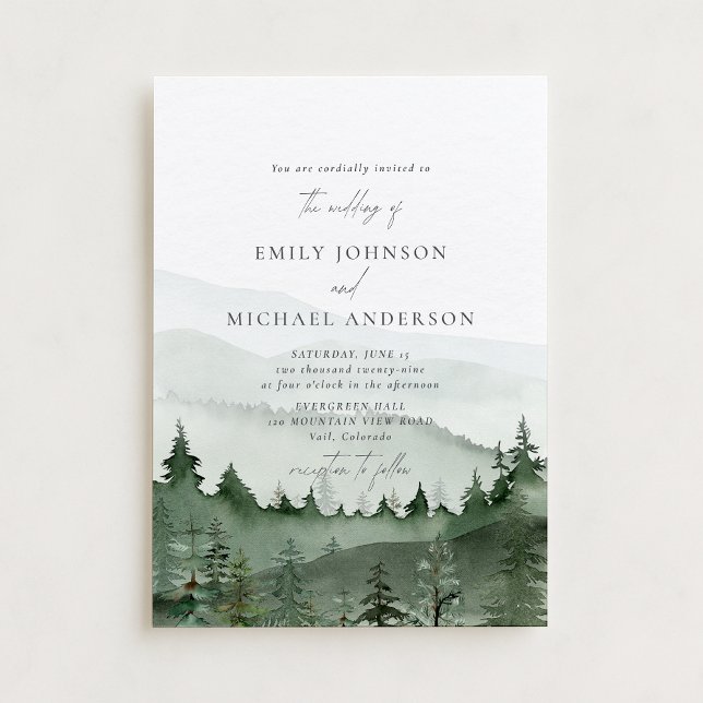 Invitación Pine Tree, Foggy Mountains Rustic Wedding  (Subido por el creador)