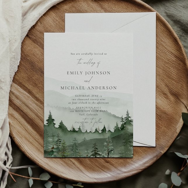 Invitación Pine tree, foggy mountais Rustic Wedding  (Subido por el creador)