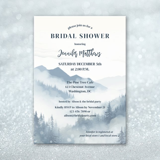 Invitación Pine Tree Forest Mountain Winter Bridal Shower (Watercolor winter bridal shower invitation featuring a hazy mountain scene with pine forests)