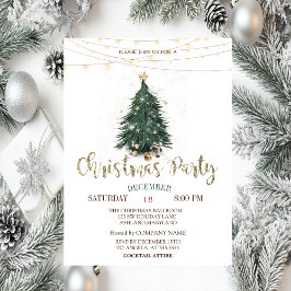 Invitación Pine Tree,Gold Stars String Lights Navidades
