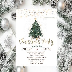 Invitación Pine Tree,Gold Stars String Lights Navidades