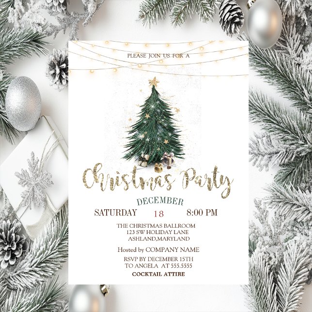 Invitación Pine Tree,Gold Stars String Lights Navidades (Subido por el creador)