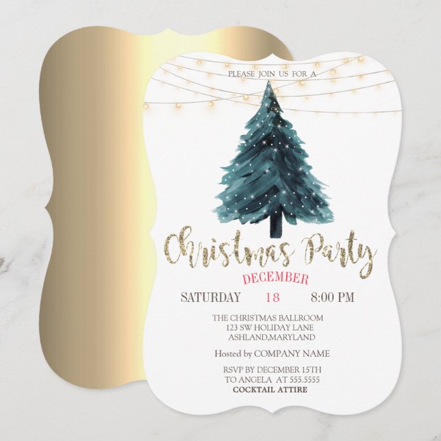 Invitación Pine Tree,Lights Gold Navidades Company Fiesta (Anverso / Reverso)