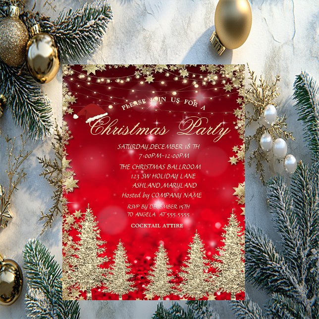 Invitación Pine Tree Purpurina de oro, Stars Red Bokeh Compan (Subido por el creador)