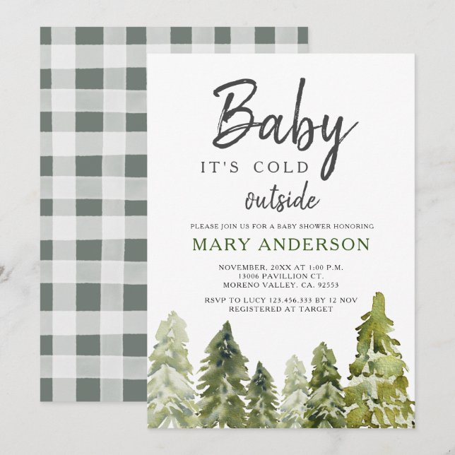 Invitación Pine Trees Winter Baby Shower (Anverso / Reverso)