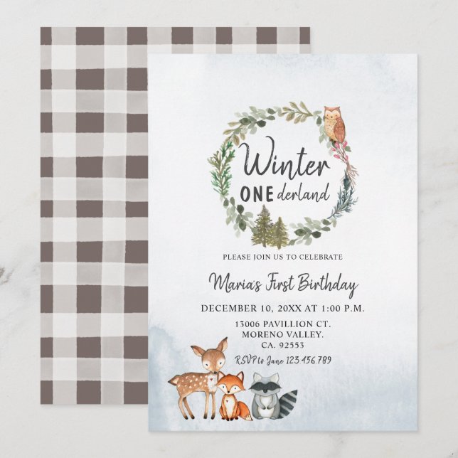 Invitación Pine Trees Woodland Winter Nacido en Tierra de Nac (Anverso / Reverso)