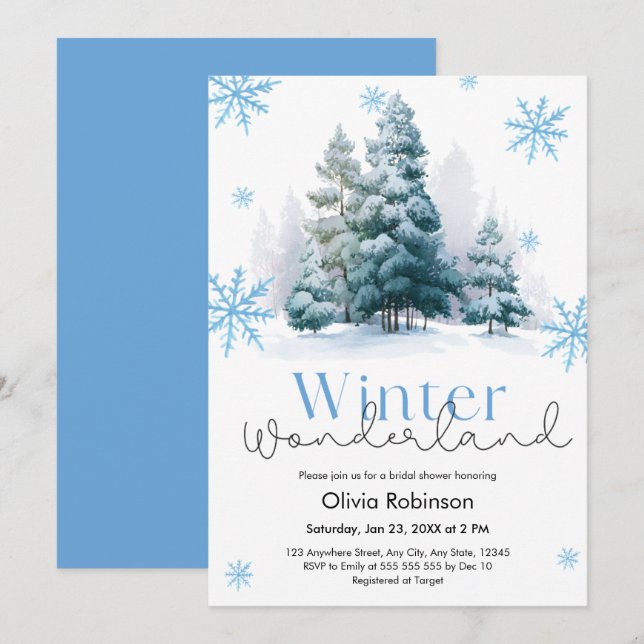Invitación Pine Winter Wonderland Snowflakes Bridal Shower  (Anverso / Reverso)