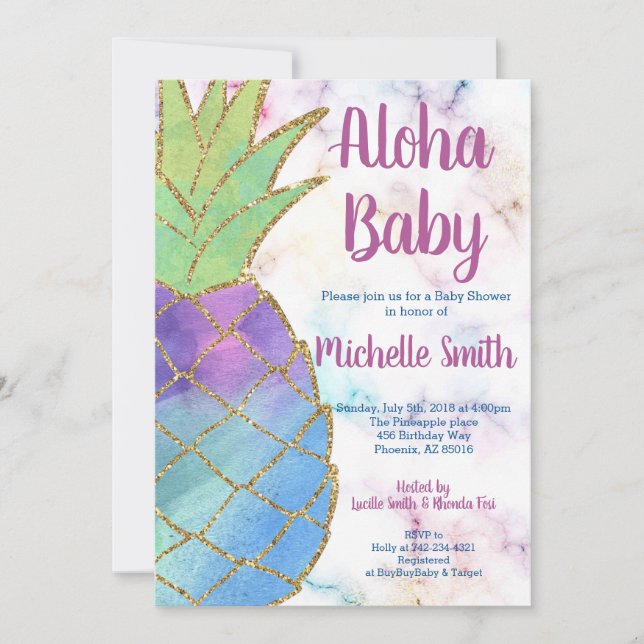 Invitación Pineapple Aloha Purpurina Tropical Gold Baby Showe (Anverso)
