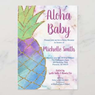 Invitación Pineapple Aloha Purpurina Tropical Gold Baby Showe