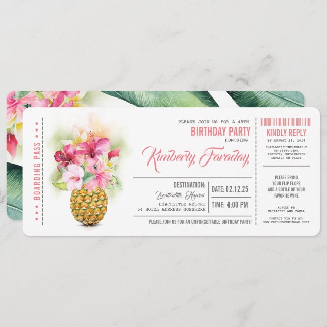 Invitación Pineapple Beach Boarding Pass Ticket Cumpleaños (Anverso / Reverso)