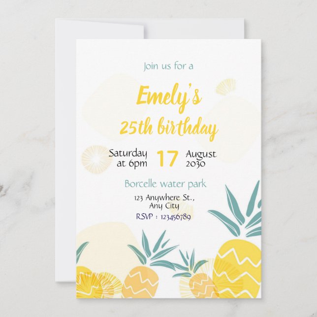 Invitación Pineapple Birthday invitaton Template bday invite  (Anverso)