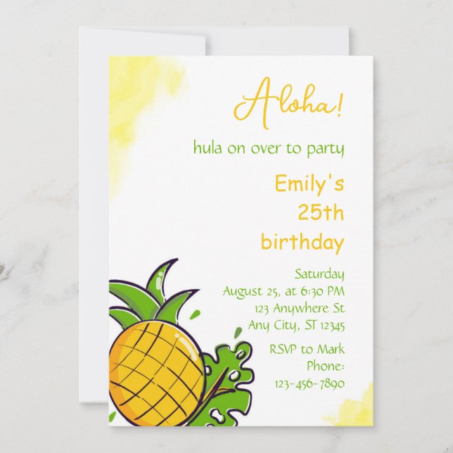 Invitación Pineapple birthday party invitation template (Anverso)
