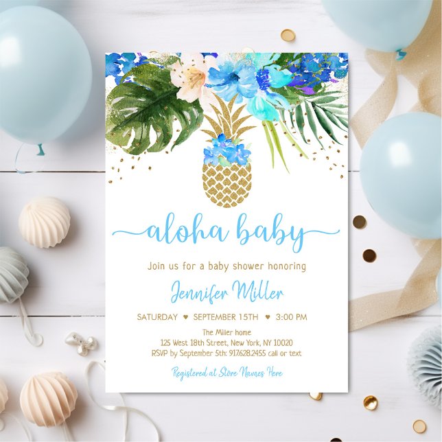 Invitación Pineapple Blue Gold Floral Aloha Baby Shower (Subido por el creador)