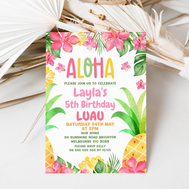 Invitación Pineapple floral rosa Aloha Luau Cumpleaños (Aloha Luau Birthday Invitation, Hawaiian birthday invite, Pineapple Birthday Invitation,
Summer)