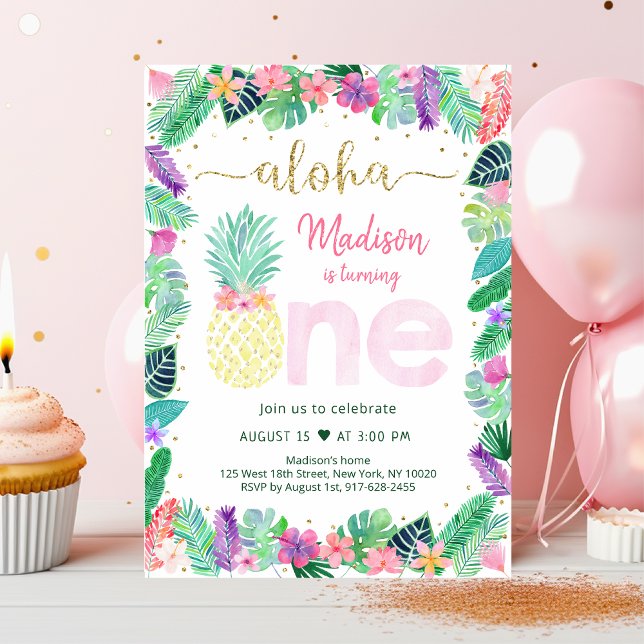 Invitación Pineapple Floral Rosa Oro Primer Cumpleaños (Subido por el creador)