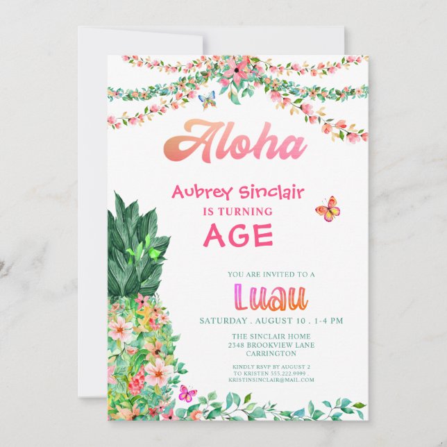 Invitación Pineapple floral tropical Luau CUALQUIER EDAD Cump (Anverso)