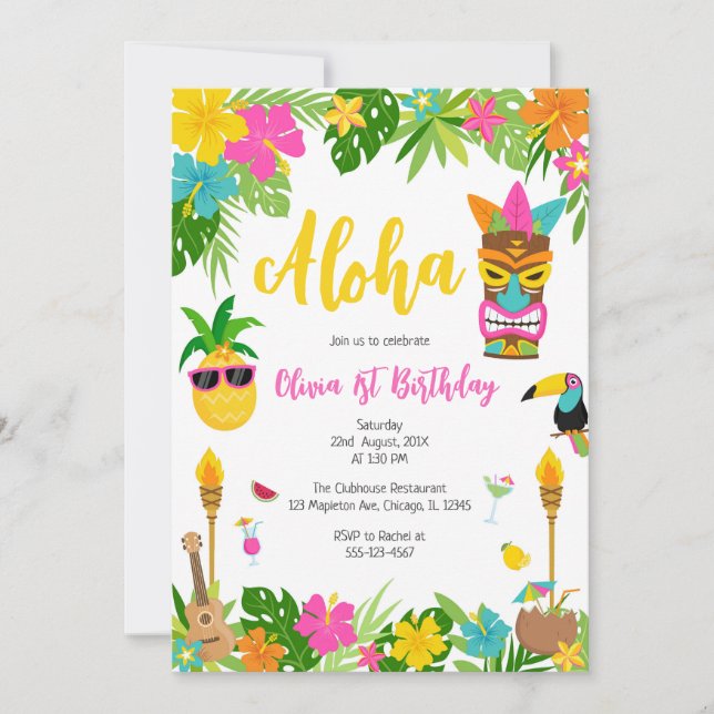 Invitación Pineapple Girl Birthday Aloha Hawaii Summer (Anverso)