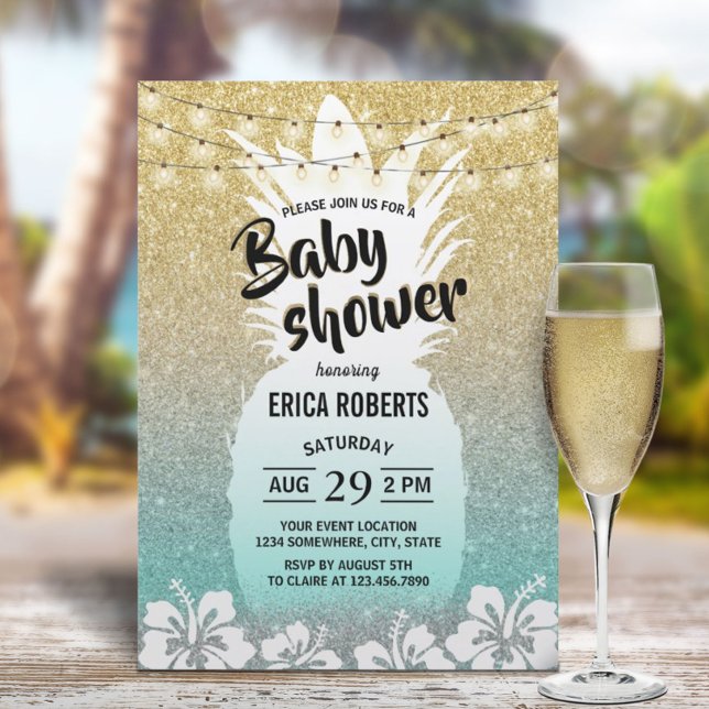 Invitación Pineapple Moderno Gold Verde azulado Tropical Baby (Subido por el creador)