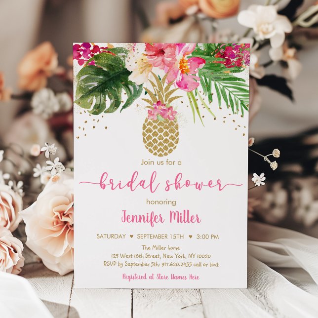 Invitación Pineapple Oro Rosa Floral Tropical Bridal Ducha (Subido por el creador)