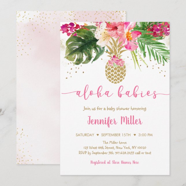 Invitación Pineapple Pink Floral Aloha Twin Baby Shower (Anverso / Reverso)