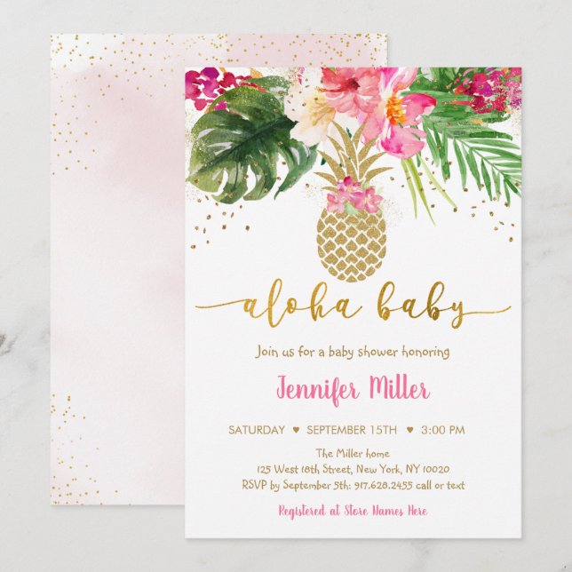 Invitación Pineapple Pink Gold Floral Aloha Baby Shower (Anverso / Reverso)