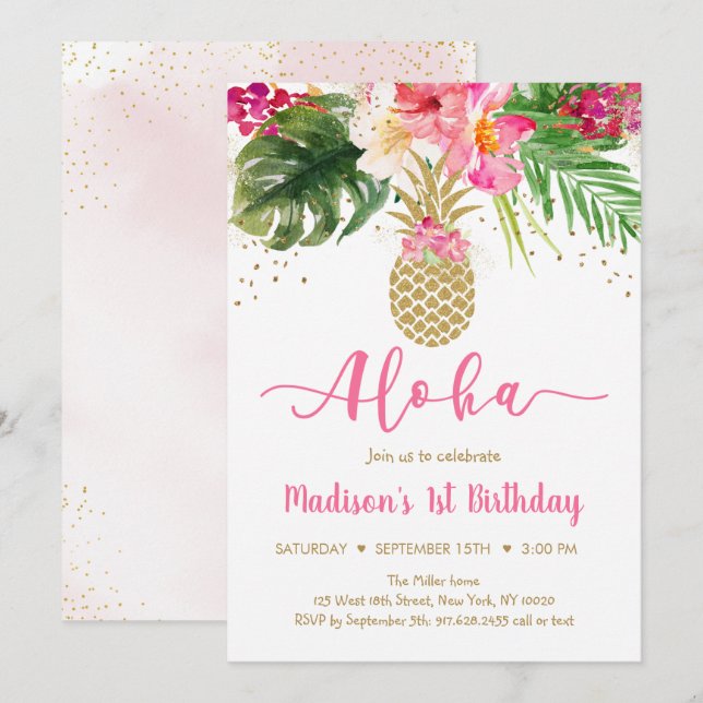 Invitación Pineapple Pink Gold Floral Aloha Cumpleaños (Anverso / Reverso)