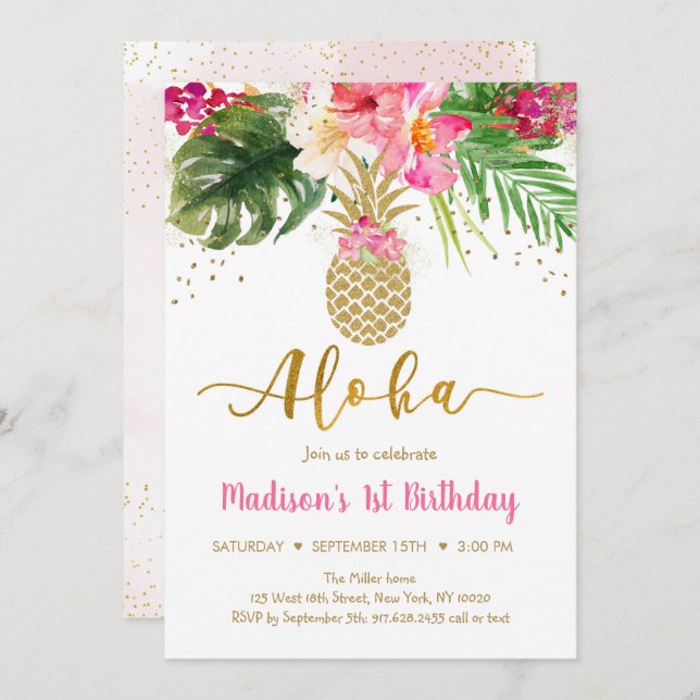 Invitación Pineapple Pink Gold Floral Aloha Cumpleaños (Anverso / Reverso)