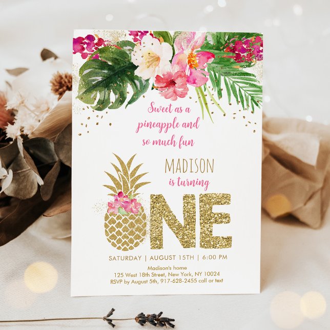 Invitación Pineapple Pink Gold Floral Primer cumpleaños (Subido por el creador)