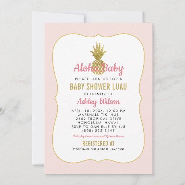 Invitación Pineapple Pink Gold Tropical Baby Shower Luau (Anverso)
