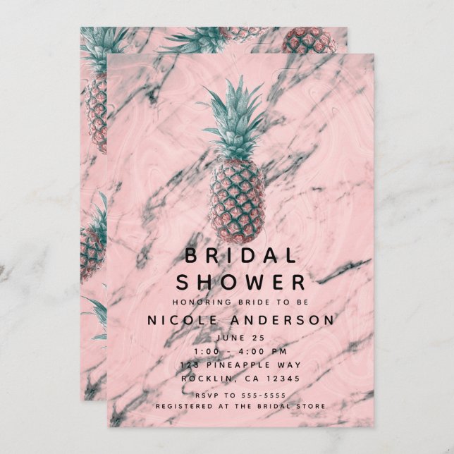 Invitación Pineapple & Pink Marble Swirl Ducha Nodal Moderna (Anverso / Reverso)