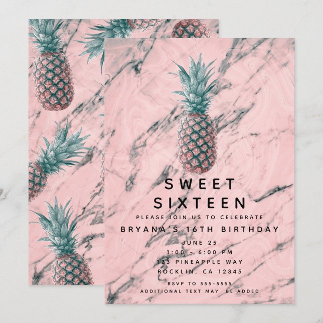 Invitación Pineapple Pink Marble Swirl Modern Sweet 16 Fiesta (Anverso / Reverso)