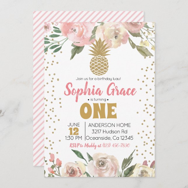 Invitación Pineapple Rosa y Oro Cumpleaños Luau (Anverso / Reverso)