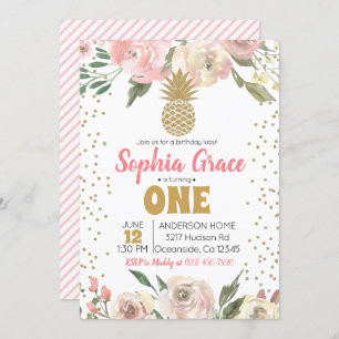 Invitación Pineapple Rosa y Oro Cumpleaños Luau