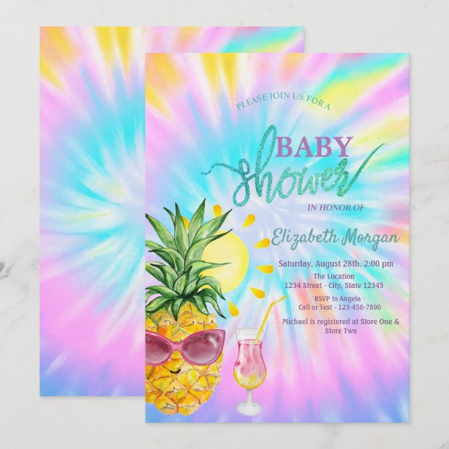 Invitación Pineapple, Sun, Cocktail Tye Baby Shower (Anverso / Reverso)