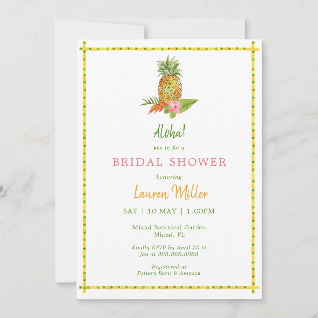 Invitación Pineapple tropical Aloha Bridal Shower (Anverso)