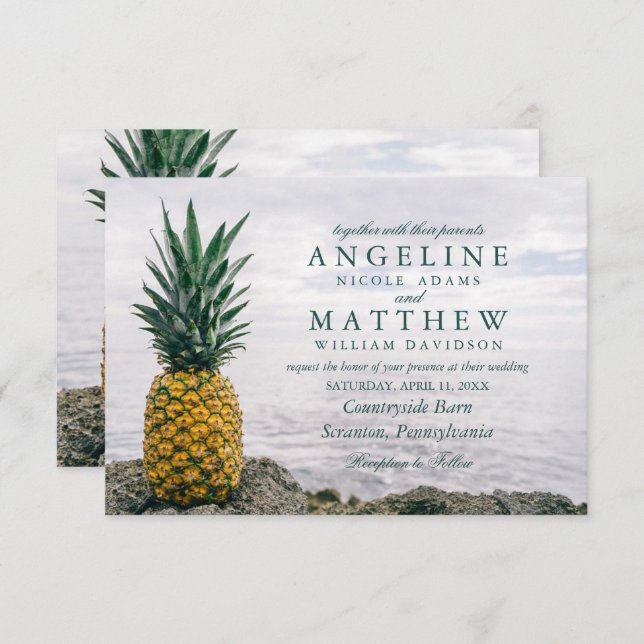 Invitación Pineapple Tropical Beach Destination Wedding Card (Anverso / Reverso)