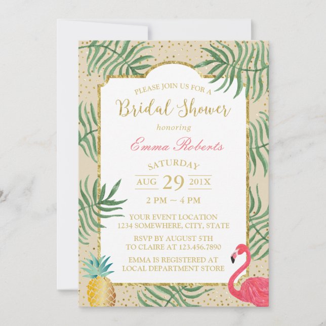 Invitación Pineapple Tropical & Flamingo Beach Bridal Shower (Anverso)