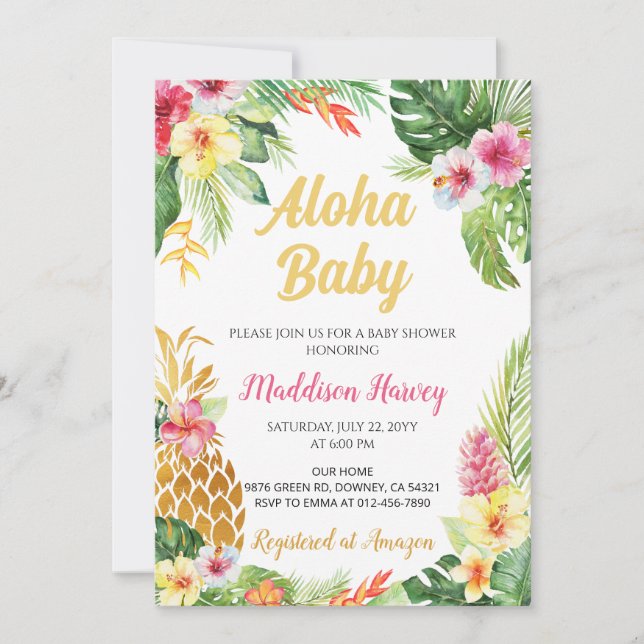 Invitación Pineapple Tropical Floral Aloha Baby Shower (Anverso)