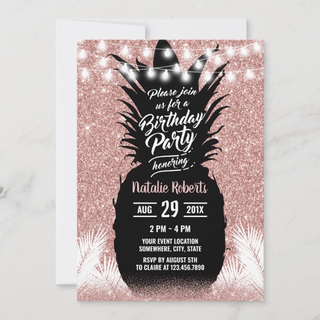 Invitación Pineapple tropical Rosa moderno Cumpleaños de Oro (Anverso)