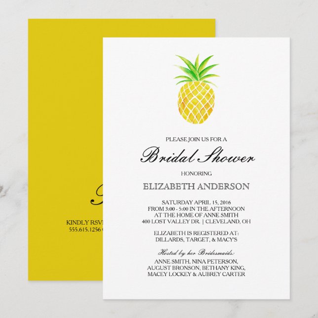 Invitación Pineapple Watercolor Tropical Bridal Shower (Anverso / Reverso)