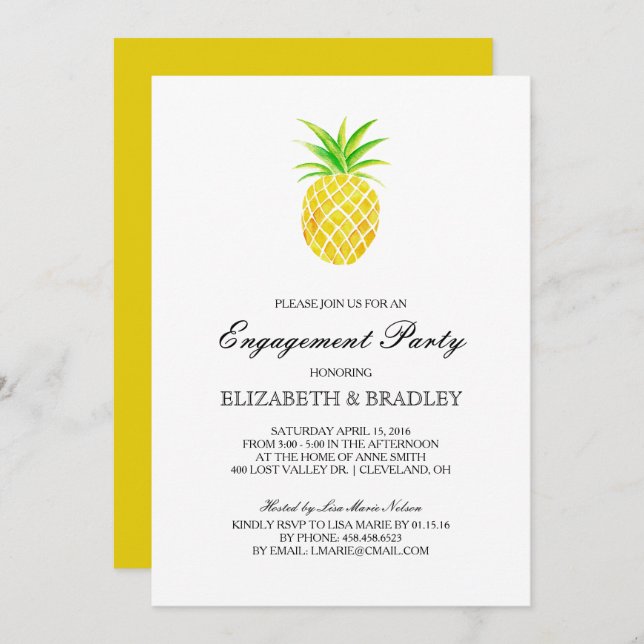 Invitación Pineapple Watercolor Tropical Engagement Party (Anverso / Reverso)