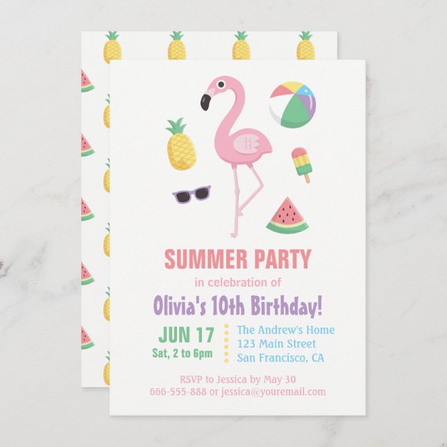 Invitación Pineapple Watermelon Flamingo Niños Cumpleaños Fie (Anverso / Reverso)