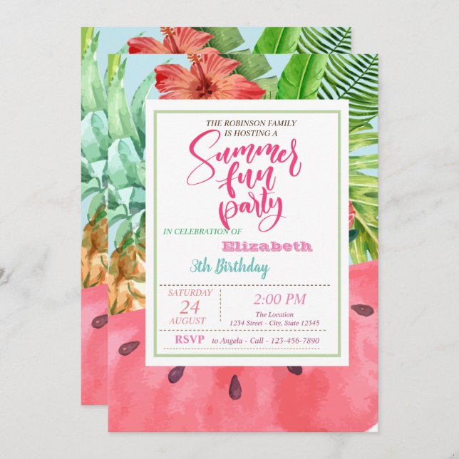 Invitación Pineapple, Watermelon Palm Leaf Summer Birday (Anverso / Reverso)