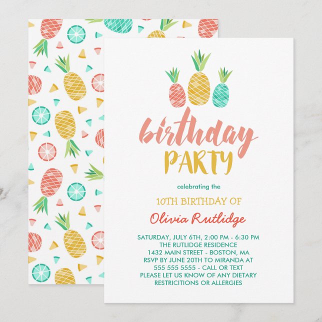 Invitación Pineapples - Fiesta de cumpleaños de verano (Anverso / Reverso)