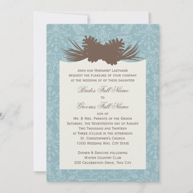 Invitación Pineconas y damasco de la boda de invierno (Anverso)