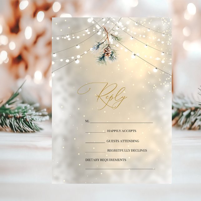 Invitación Pinecone String Lights Winter Wedding RSVP (Subido por el creador)