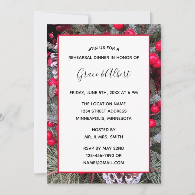 Invitación Pinecones Evergreens Red Berries Ensayo Cena (Anverso)
